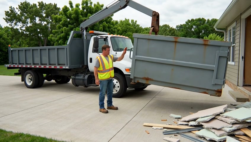 Roll-off dumpster and delivery truck beside a Lake Charles residential renovation